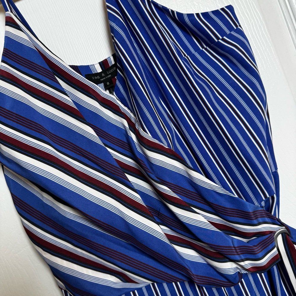 Rag & Bone Felix Silk Striped Wrap Jumpsuit Size 8 Blue Red Wide Leg Pockets - Picture 6 of 12